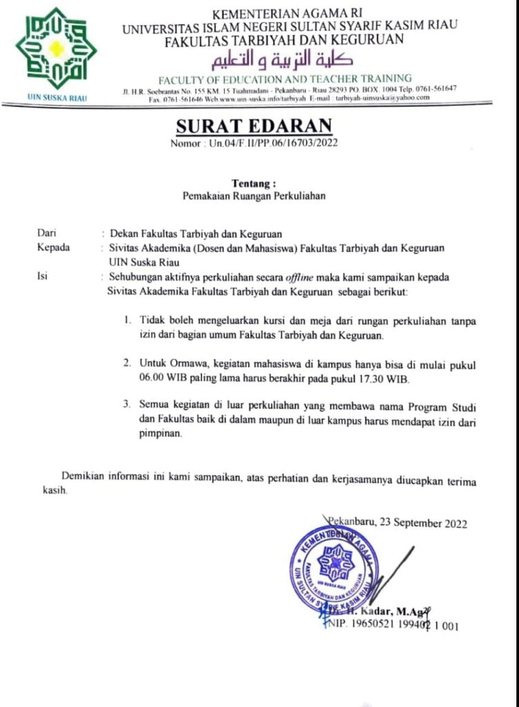 SURAT EDARAN PEMAKAIAN RUANGAN PERKULIAHAN JURUSAN TADRIS IPA